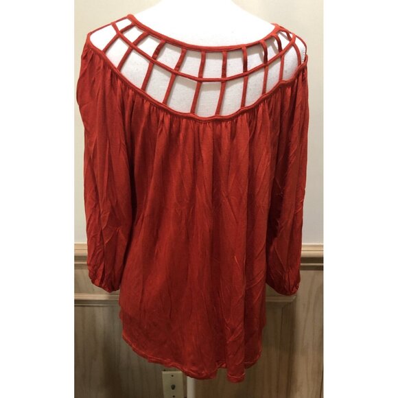 Last April ~ 3/4 Length Sleeve Top with Decorative Neck  ~ Size SMALL ~ Orange - Picture 4 of 7